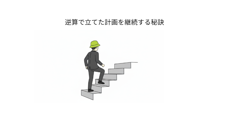 すぐ達成できる小さな計画を立て、重圧を引き算し、一歩一歩目標に向かうイメージ図